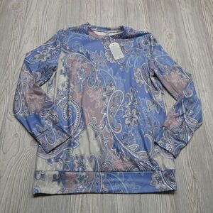 Exclusive Top Womens Medium Blue Paisley Long Sleeve Performance‎ Stretch NWT